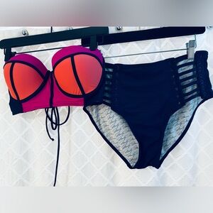 Marilyn Monroe Pink-Orange Underwire Bikini Top with Blue High-Waist Bottom